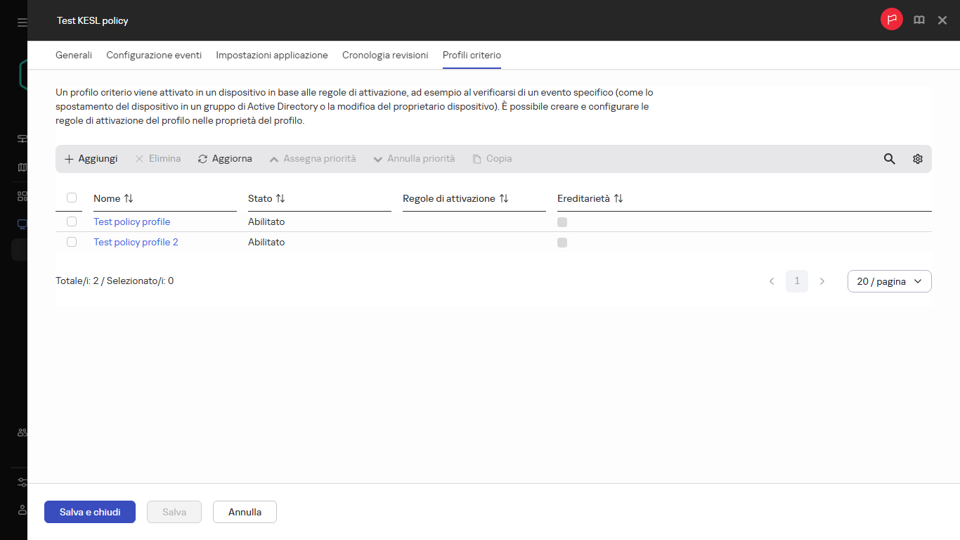 L'elenco dei profili criterio.