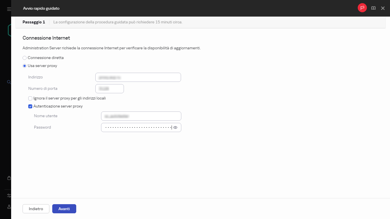 Il passaggio della connessione Internet dell'avvio rapido guidato.