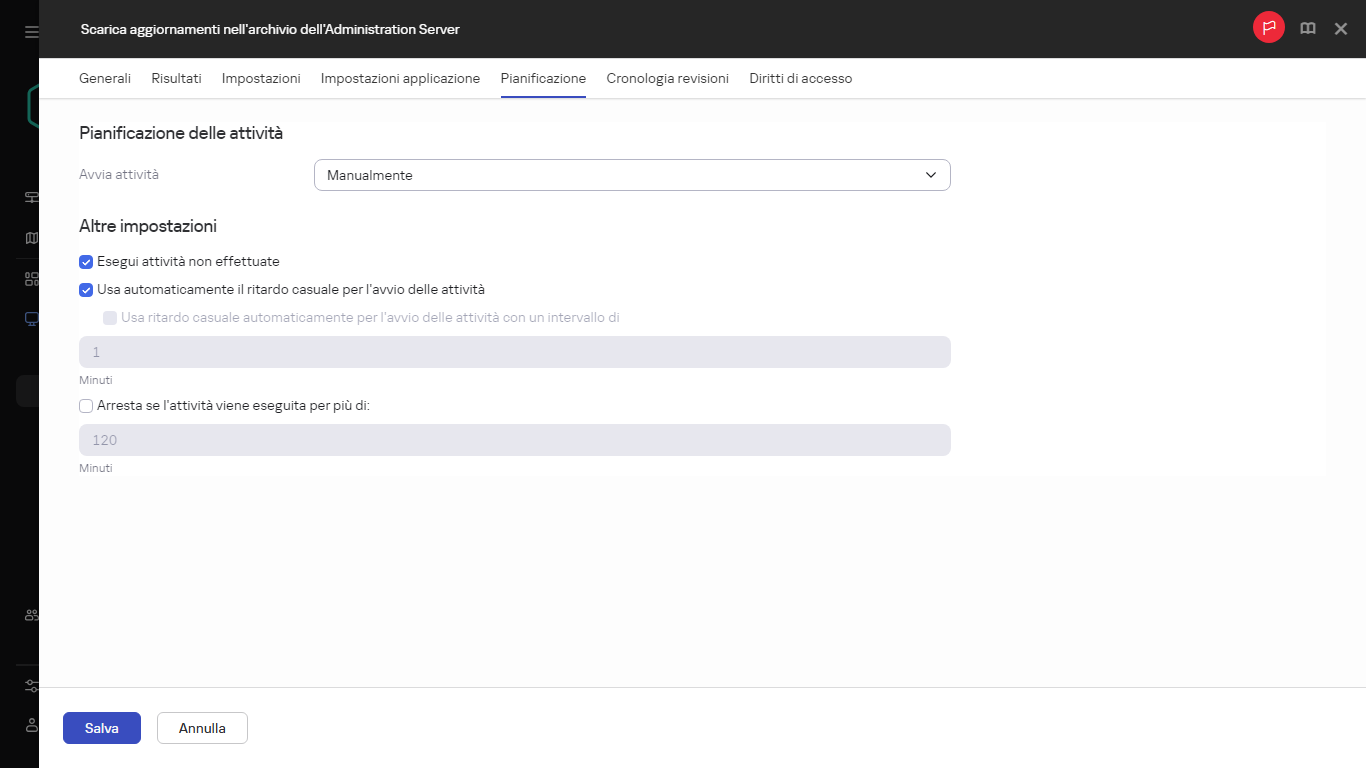 Impostazioni di pianificazione dell'attività Scarica aggiornamenti negli archivi dei punti di distribuzione.