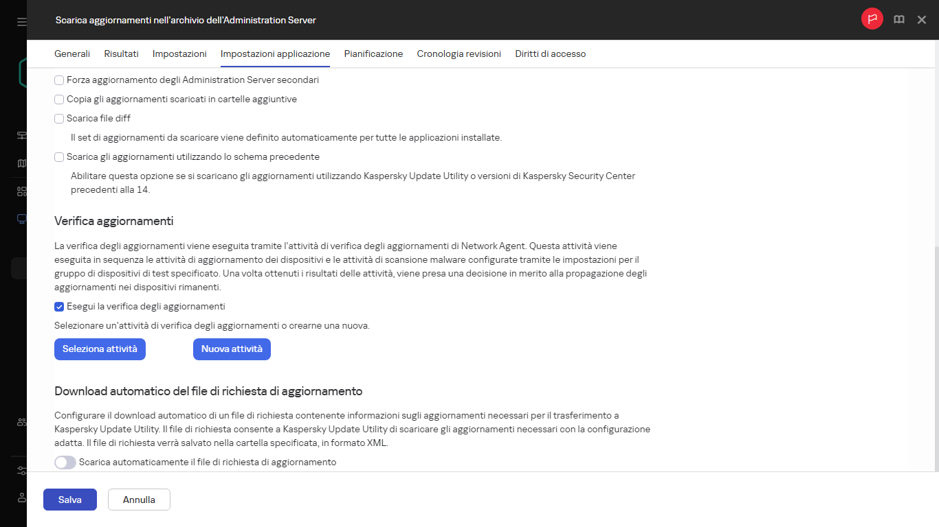 La scheda Impostazioni applicazione della finestra attività Scarica aggiornamenti nei repository dei punti di distribuzione.