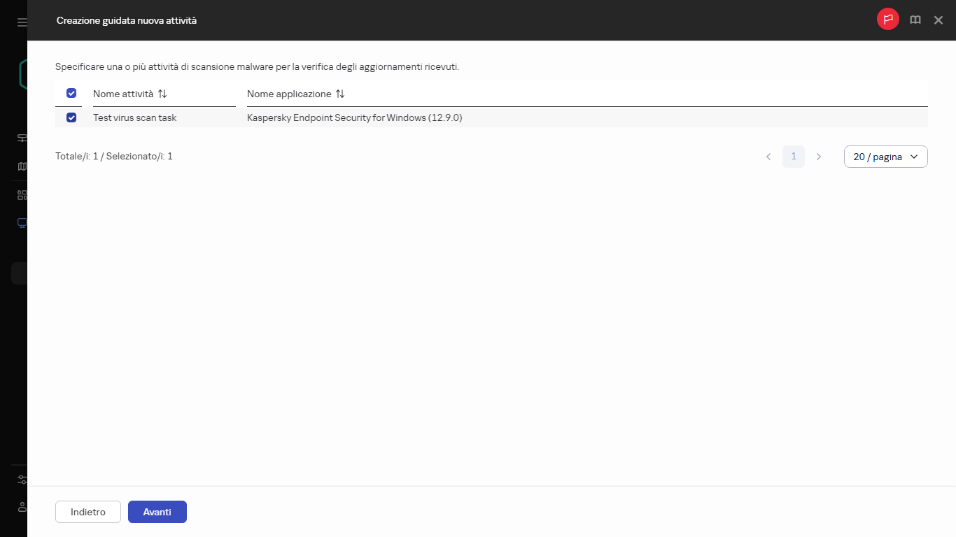 Selezione delle attività di scansione malware per verificare gli aggiornamenti ricevuti.