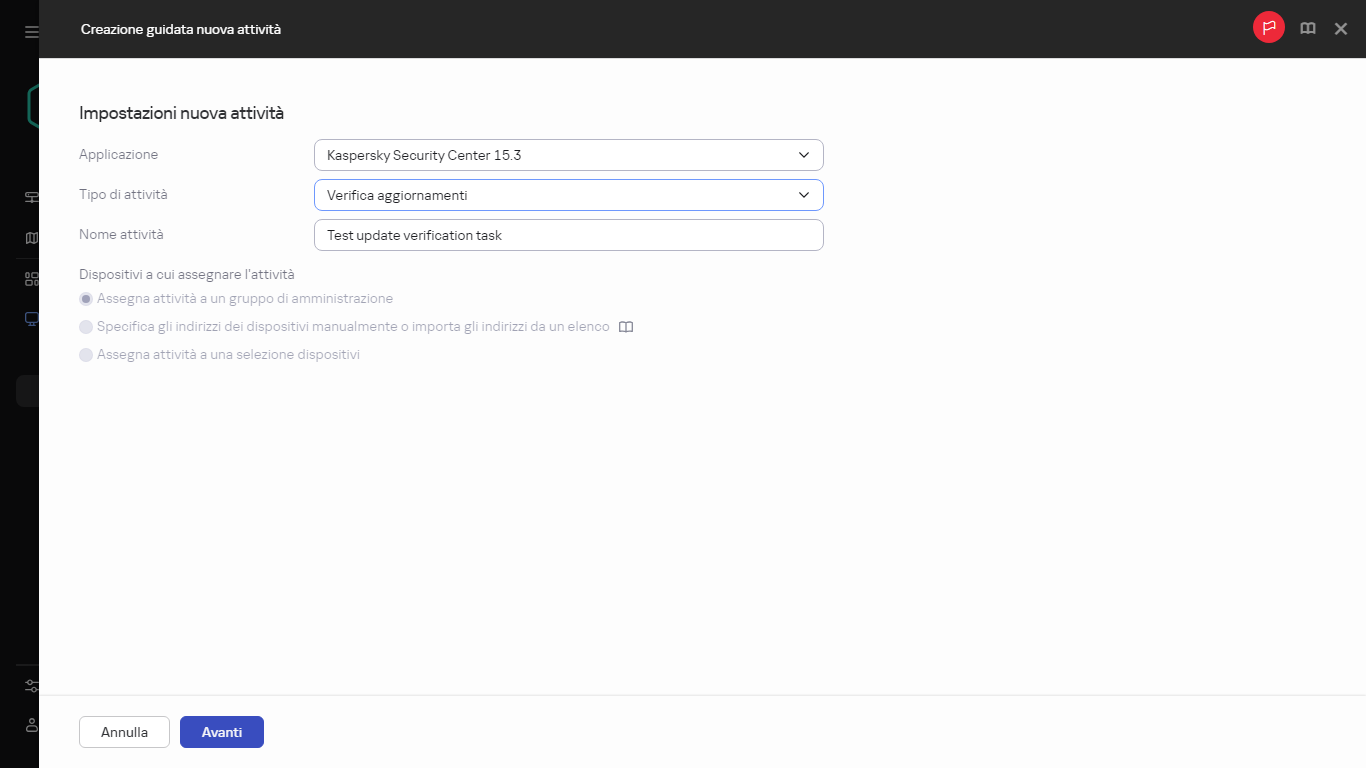 Impostazioni dell'attività di verifica degli aggiornamenti.