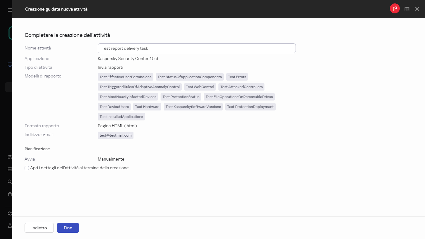 Completamento dell'attività di creazione dell'invio.