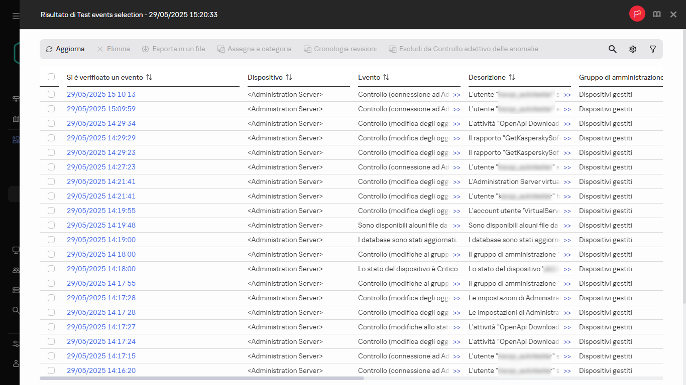 Risultato della selezione eventi.