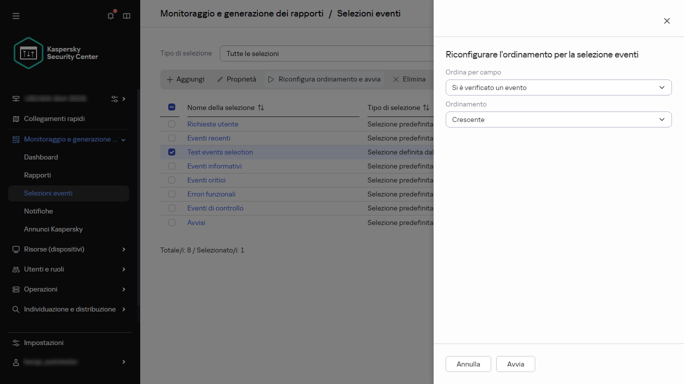 Ordinamento della selezione eventi.