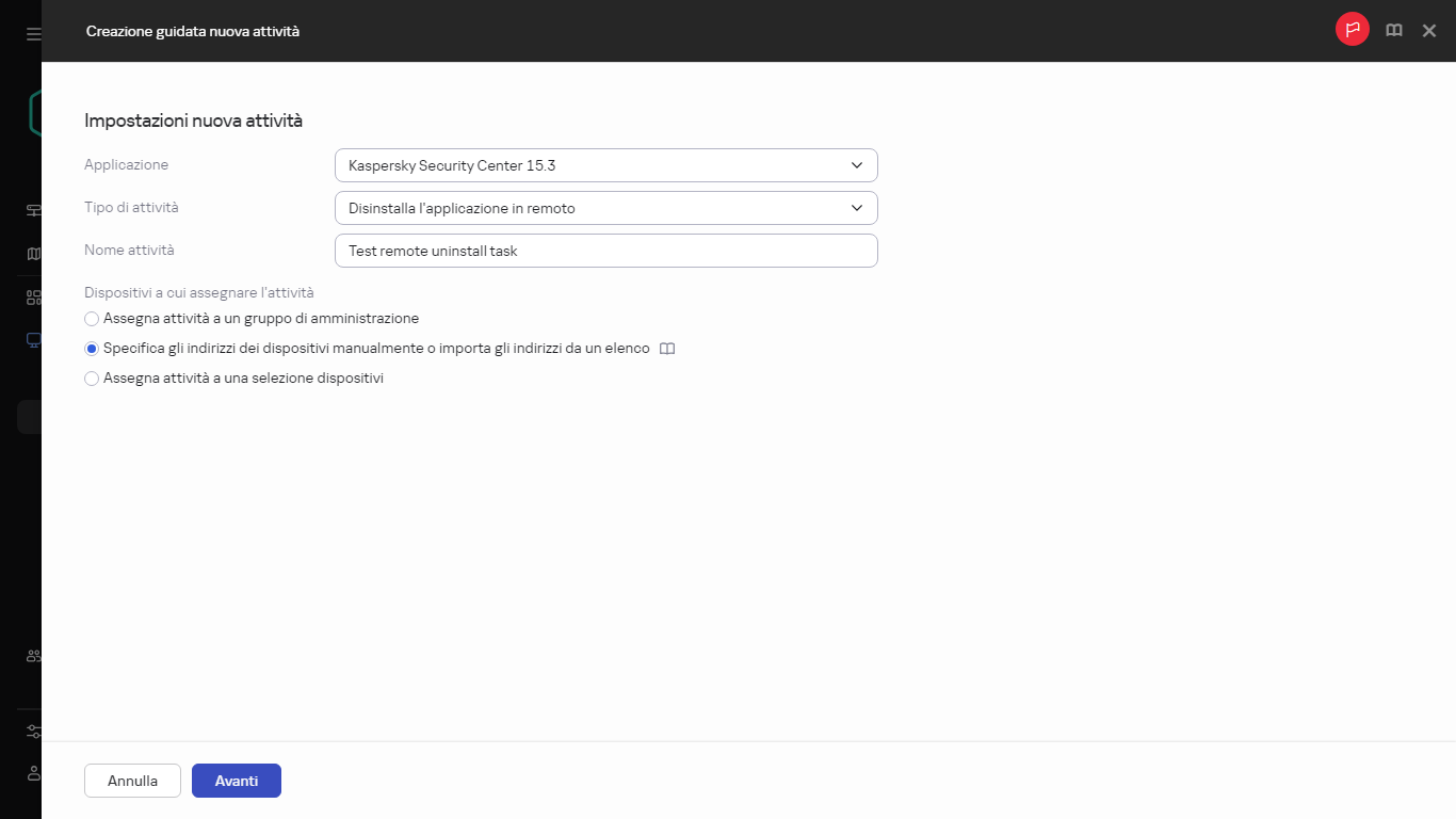 Impostazioni dell'attività Disinstalla applicazione in remoto.