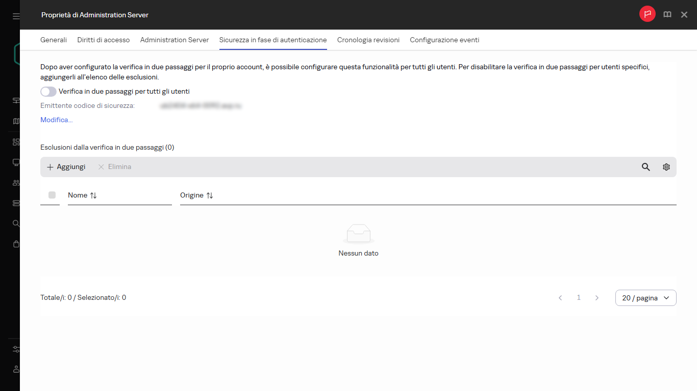 Scheda Sicurezza in fase di autenticazione nelle proprietà di Administration Server.