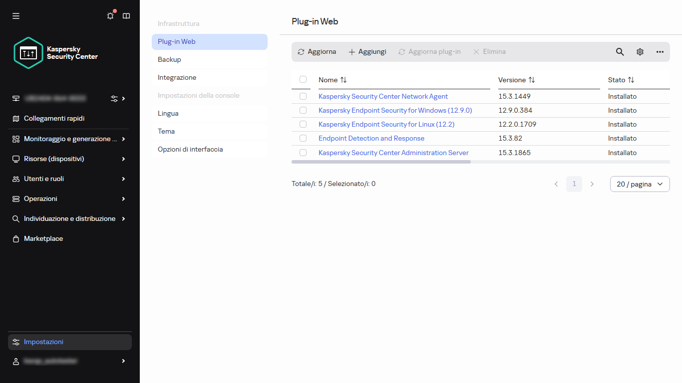 Elenco dei plug-in Web installati.