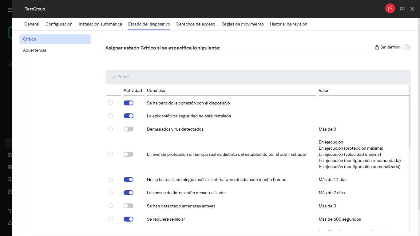 Establecer el estado Crítico en el grupo Estado del dispositivo.