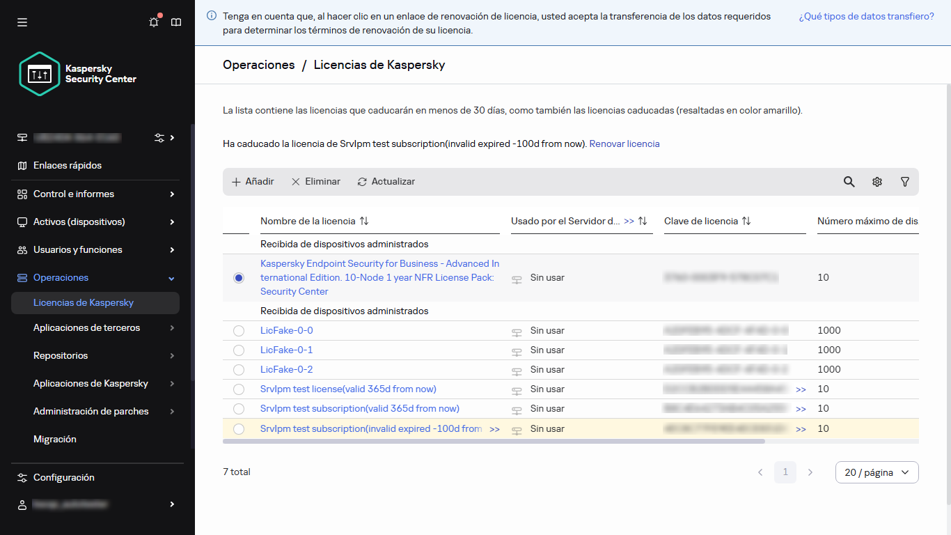 Lista de licencias con la licencia seleccionada.