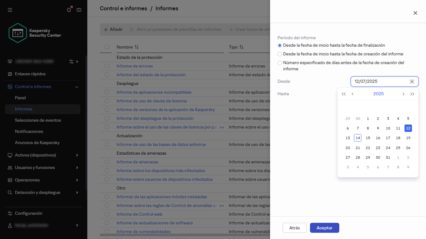 Especificar el período que cubrirá un nuevo informe.