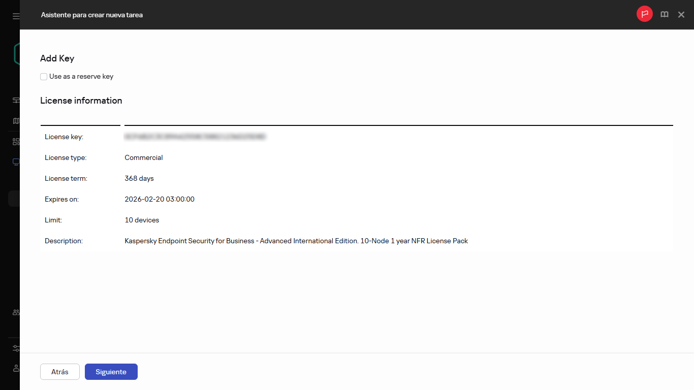 Ventana de información de licencia en la tarea Añadir clave.