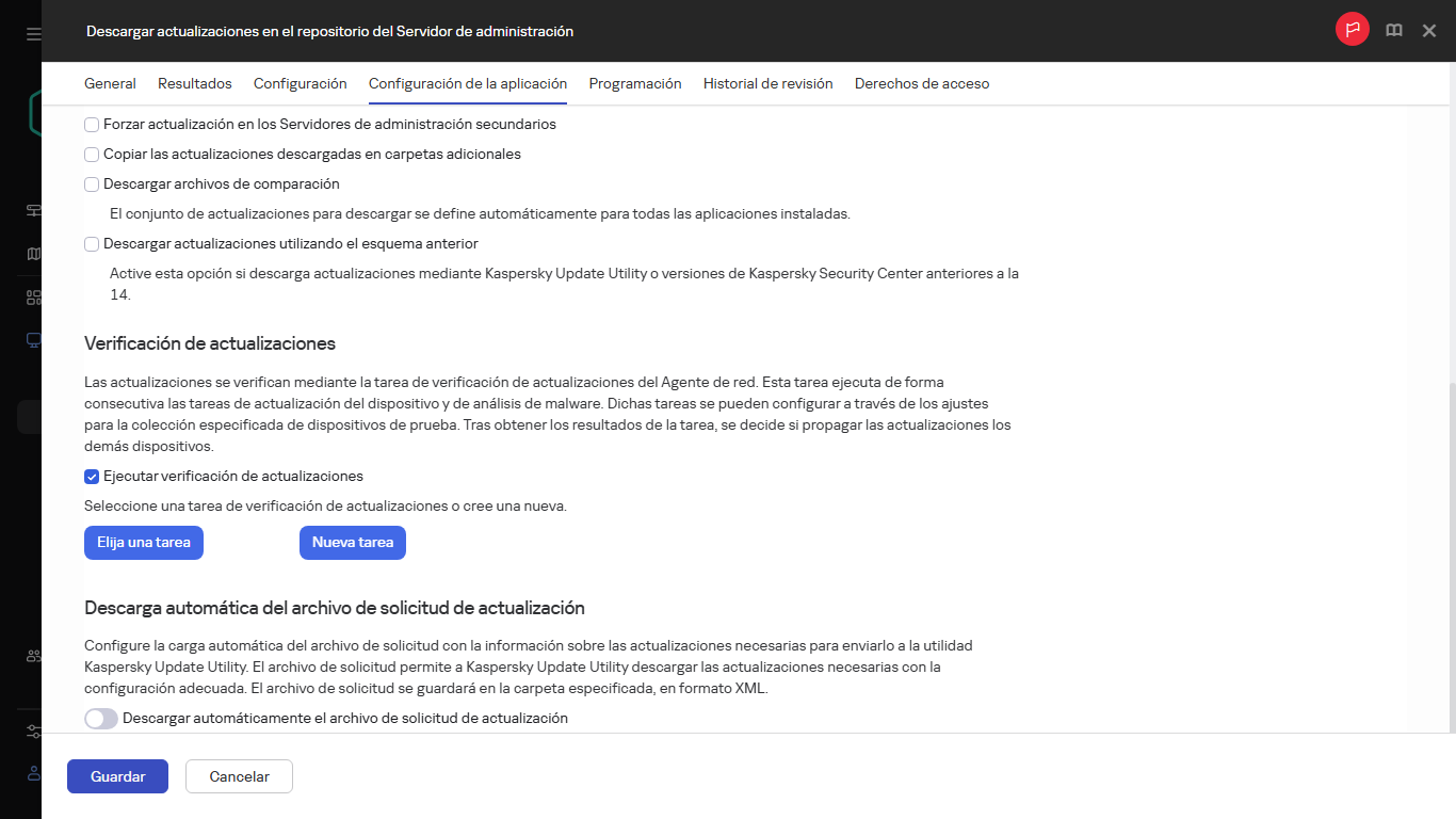 Pestaña Configuración de la aplicación de la ventana de tareas Descargar actualizaciones en los repositorios de los puntos de distribución.