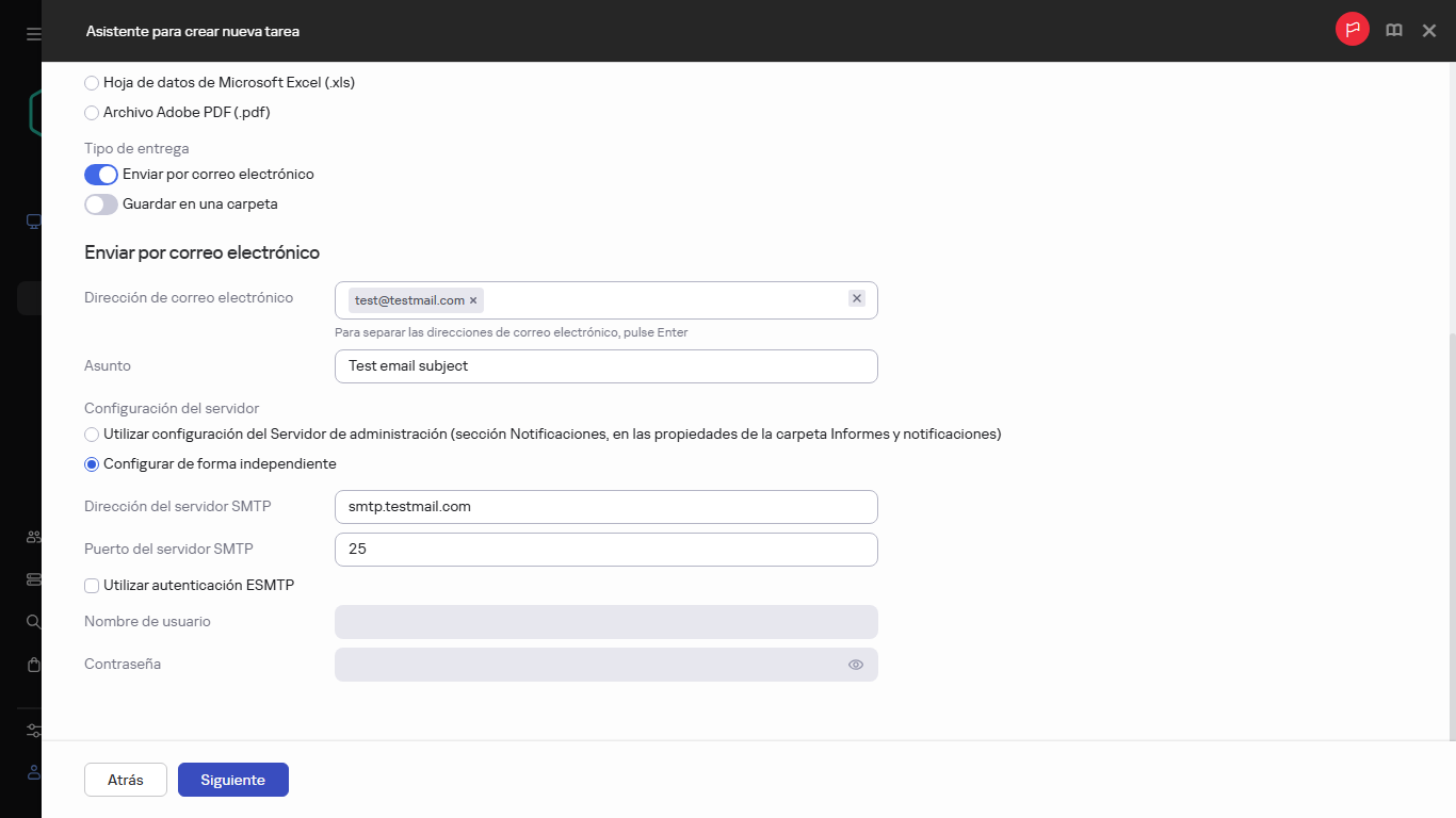 Crear una tarea de entrega de informes y especificar el tipo de entrega.