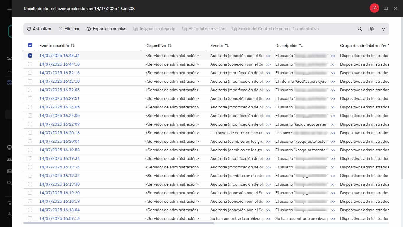 Resultado de la selección de eventos con el evento seleccionado.