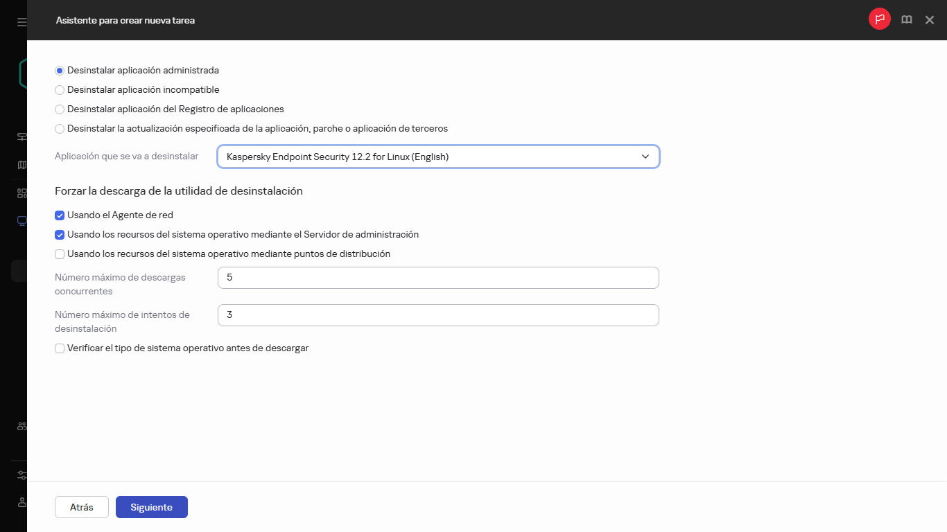 Configuración de la tarea Desinstalar aplicación en remoto.