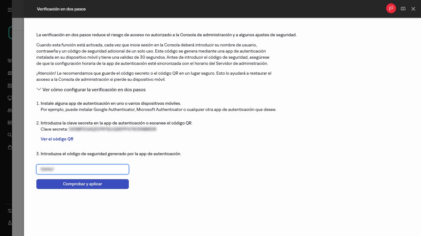 La ventana de verificación en dos pasos.