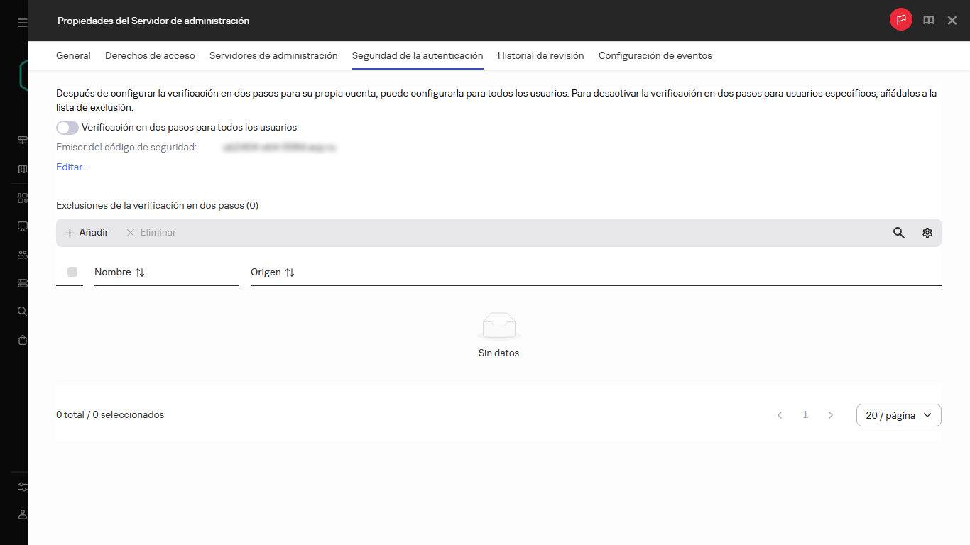 La pestaña Seguridad de la autenticación en las propiedades del Servidor de administración.