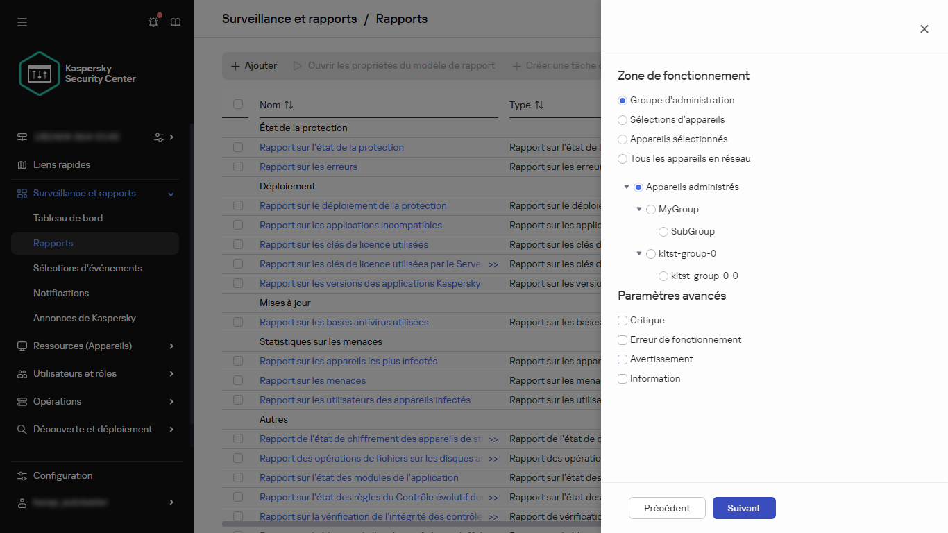 Spécification de la portée de l'appareil et des paramètres avancés d'un nouveau rapport.