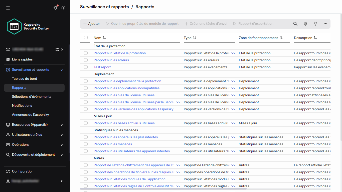 La liste des rapports.