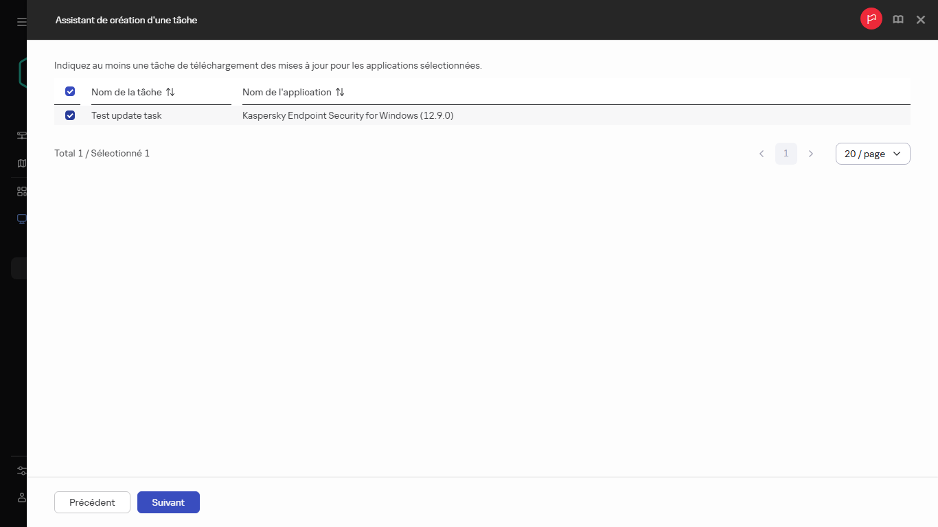Sélection des tâches de mise à jour d'une application.