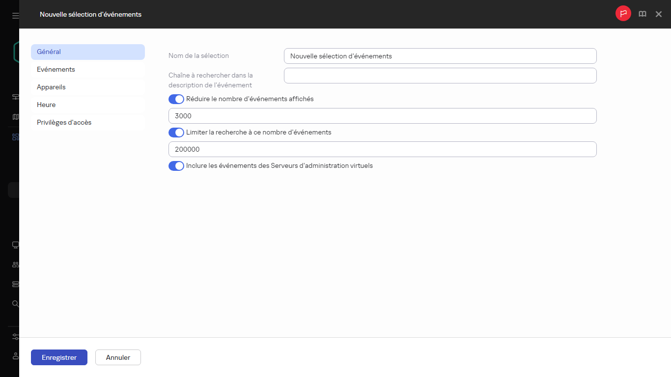 Paramètres d'une nouvelle sélection d'événements.