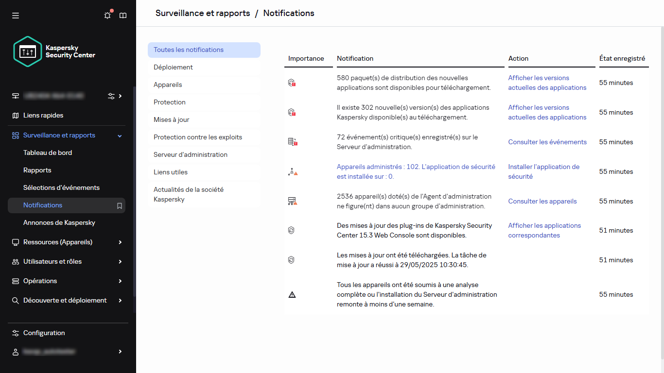 La section Notifications dans Surveillance & rapports.