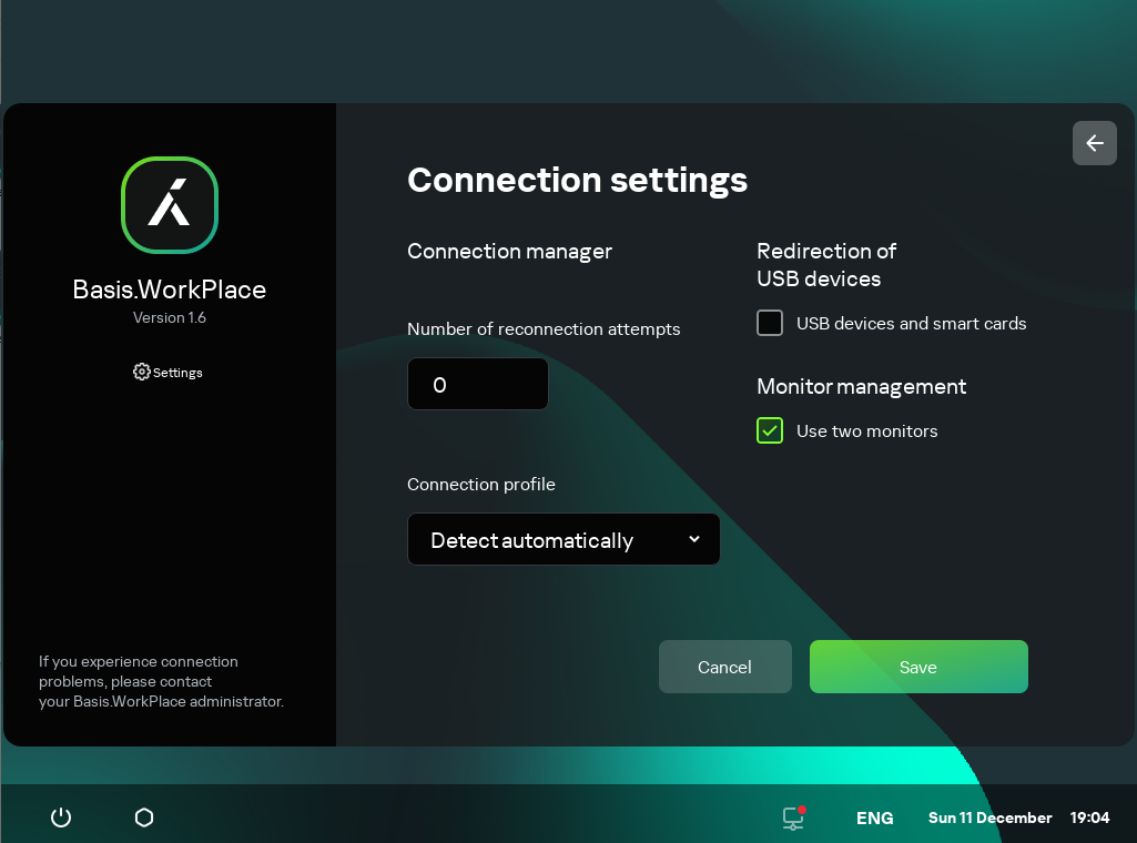 Screenshot of configuring settings for connecting to Basis.WorkPlace.