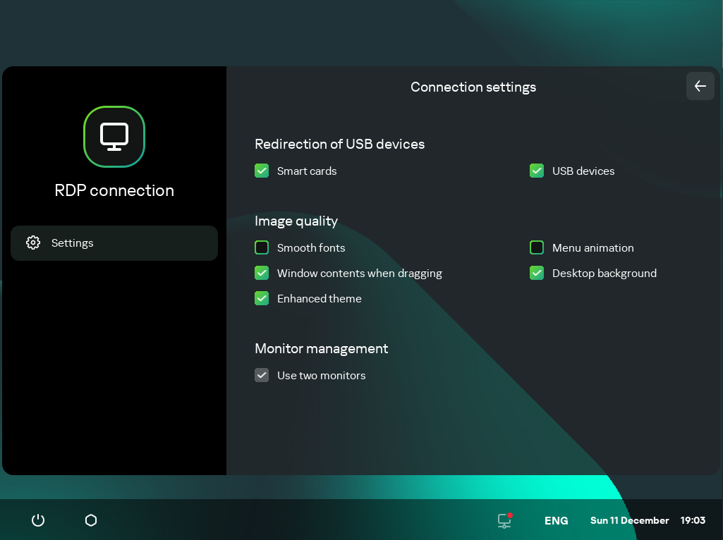 Screenshot of configuring settings for connecting to a remote desktop via RDP.