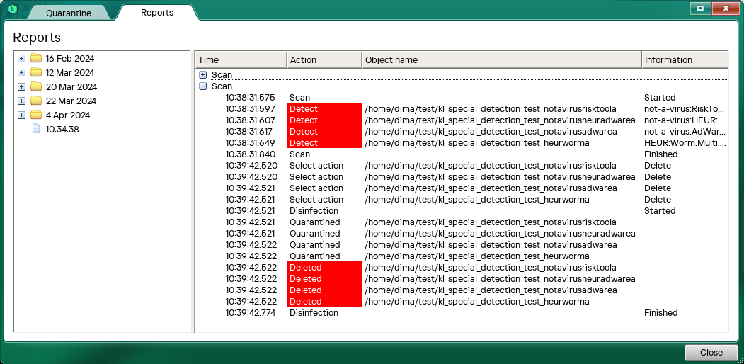 Application performance report window.