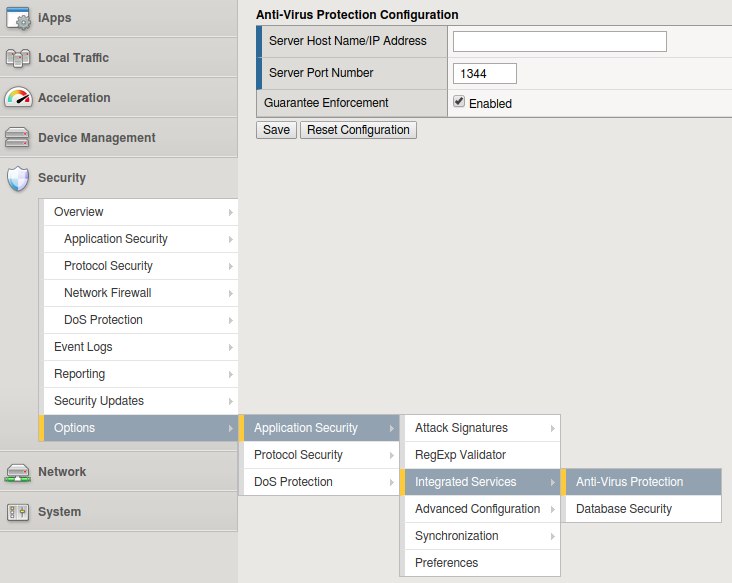 Anti-Virus Protection Configuration: Server Host Name/IP Address, Server Port Number, Guarantee Enforcement.