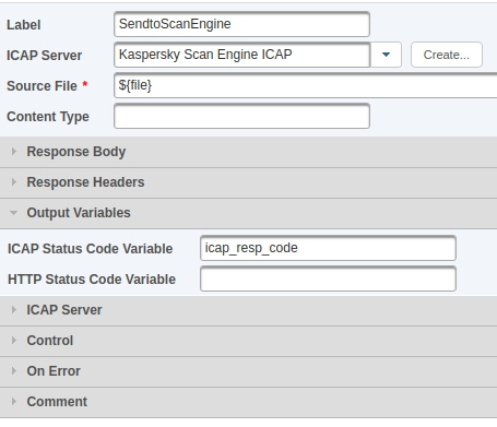 ICAP server integration. Label = SendtoScanEngine, ICAP Server = Kaspersky Scan Engine ICAP, Source File = ${file}, ICAP Status Code Variable = icap_resp_code.