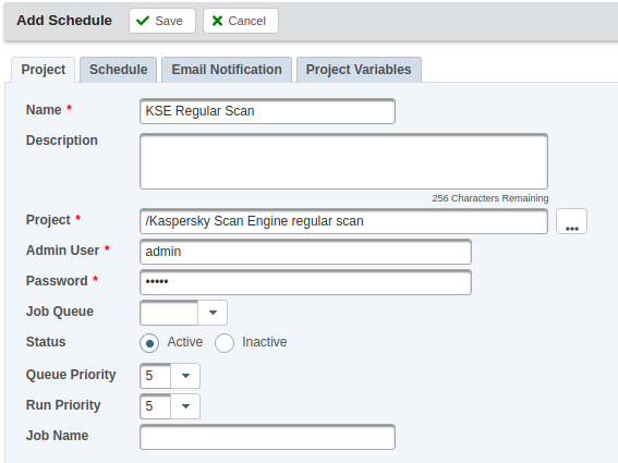 Project settings. Name = KSE  regular scan, Project = /Kaspersky Scan Engine regular scan, Admin User = admin, Password hidden.