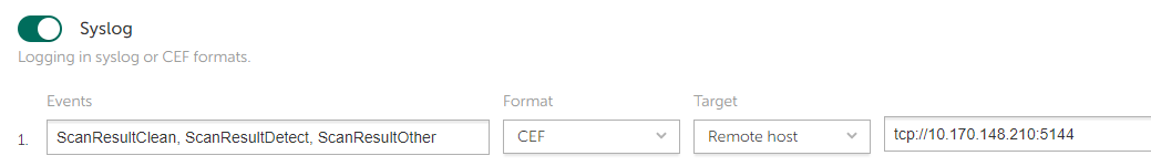 Syslog enabled. Settings: Events = ScanResultClean, ScanResultDetect, ScanResultOther; Format = CEF; Target = Remote host; SIEM solution IP address and port.