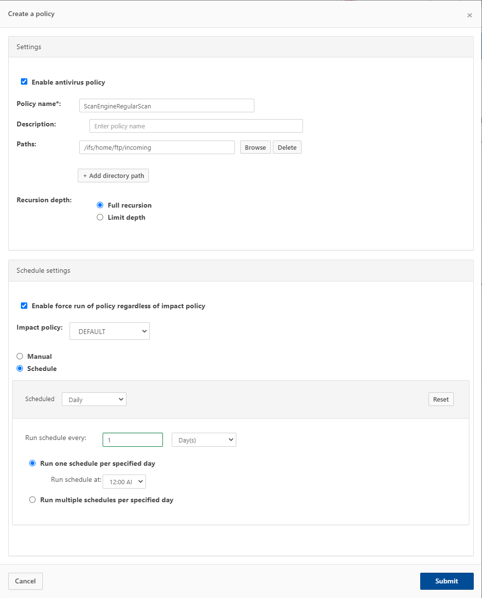 "Create a policy" dialog box. Antivirus policy is enabled. Policy name = ScanEngineRegularScan, Paths = /ifs/home/ftp/incoming, Recursion depth = Full recursion. Impact Policy = DEFAULT, Scheduled daily at 12:00 AM.