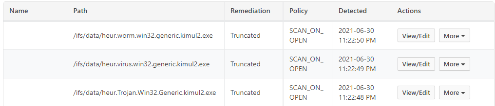 Detected objects table. Columns: Name, Path, Remediation, Policy, Detected (date and time), Actions.