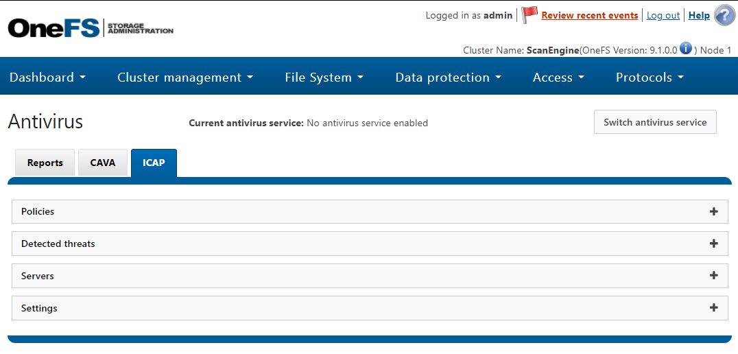 "ICAP" tab and its elements: Policies, Detected threats, Servers, Settings.