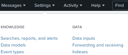 Splunk "Settings" menu.