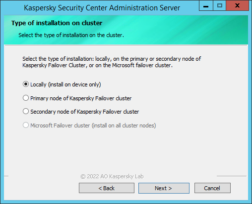 The "Type of installation on cluster" window