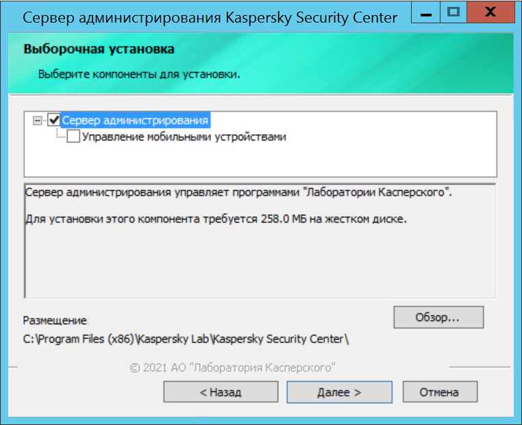 Окно "Выборочная установка"