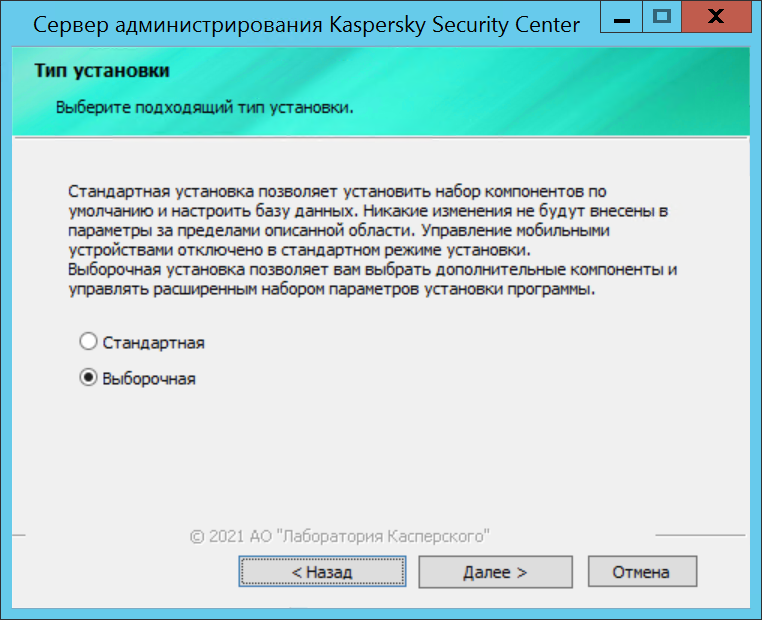 Окно "Тип установки"