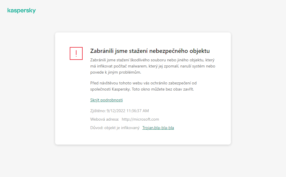 Upozornění aplikace Kaspersky na zabránění načtení škodlivého objektu v okně prohlížeče.
