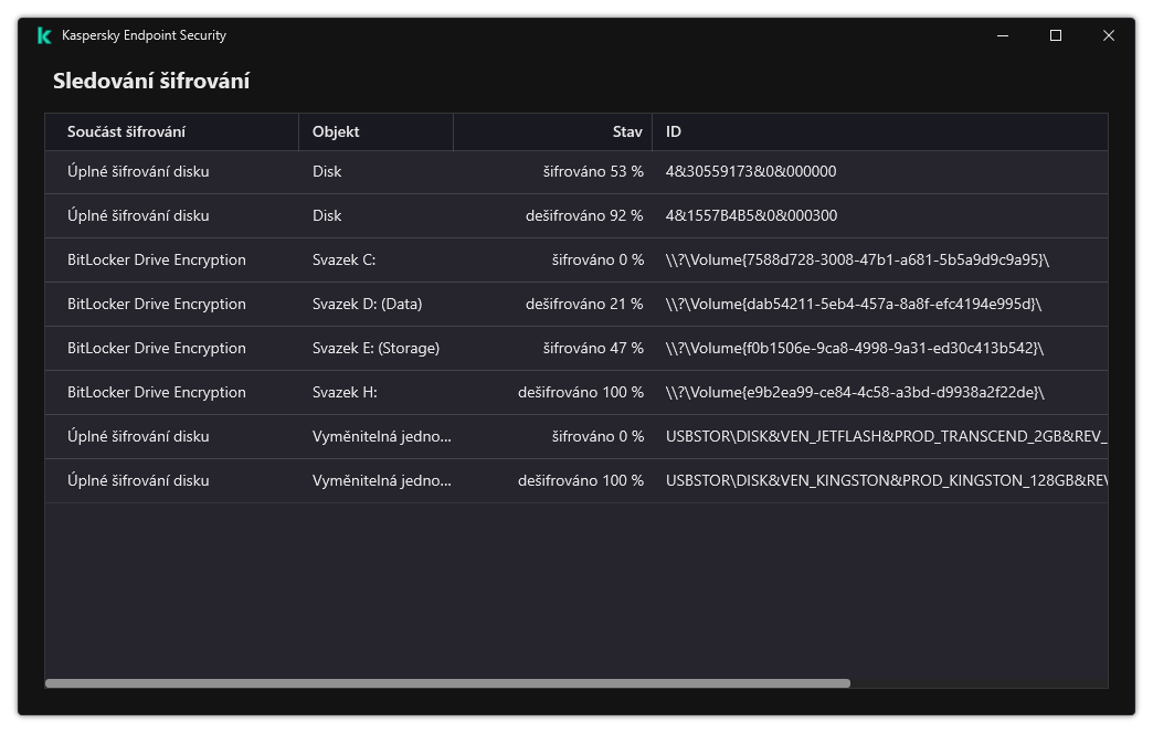 Okno se seznamem jednotek, na kterých běží šifrování. Zobrazí se technologie šifrování, stav a ID jednotky.
