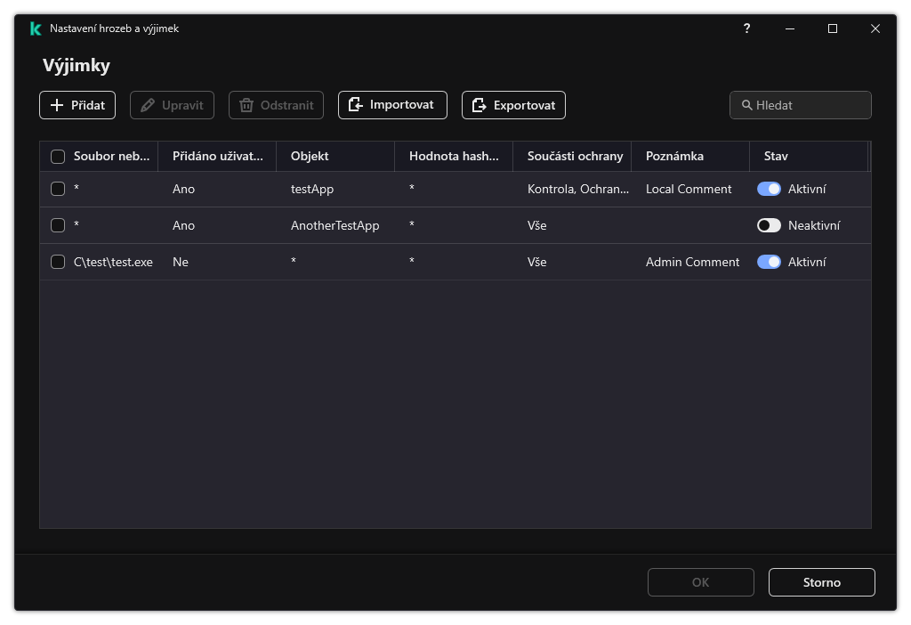 Okno se seznamem výjimek. Zobrazí se vlastnosti výjimky. Uživatel může přidávat, upravovat nebo odstraňovat výjimky.