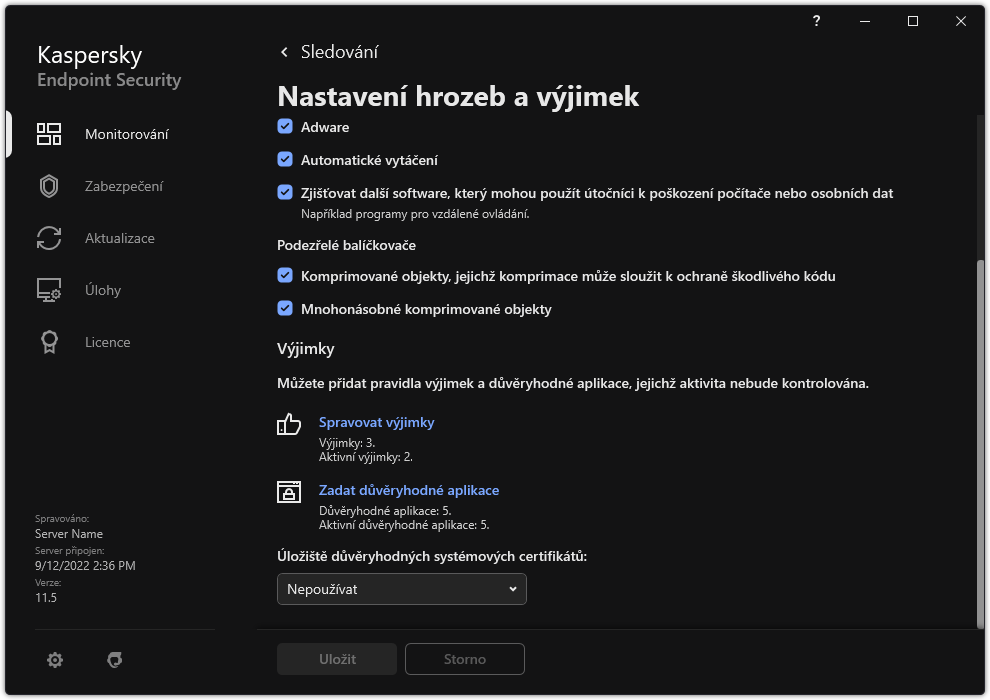 Okno nastavení výjimek. Uživatel může přidávat výjimky a důvěryhodné aplikace.
