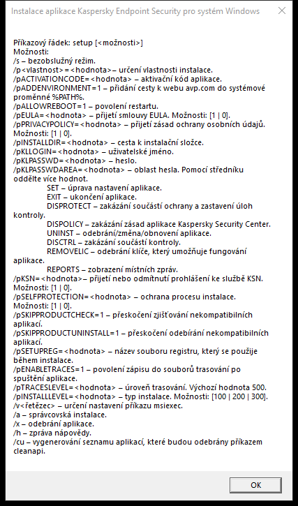 Okno s popisem popisující možnosti příkazu pro instalaci aplikace přes CMD.