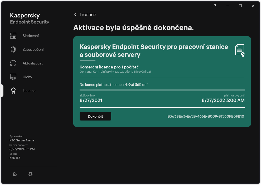Okno obsahuje informace o licenci: datum vypršení platnosti, dostupné funkce a další informace.