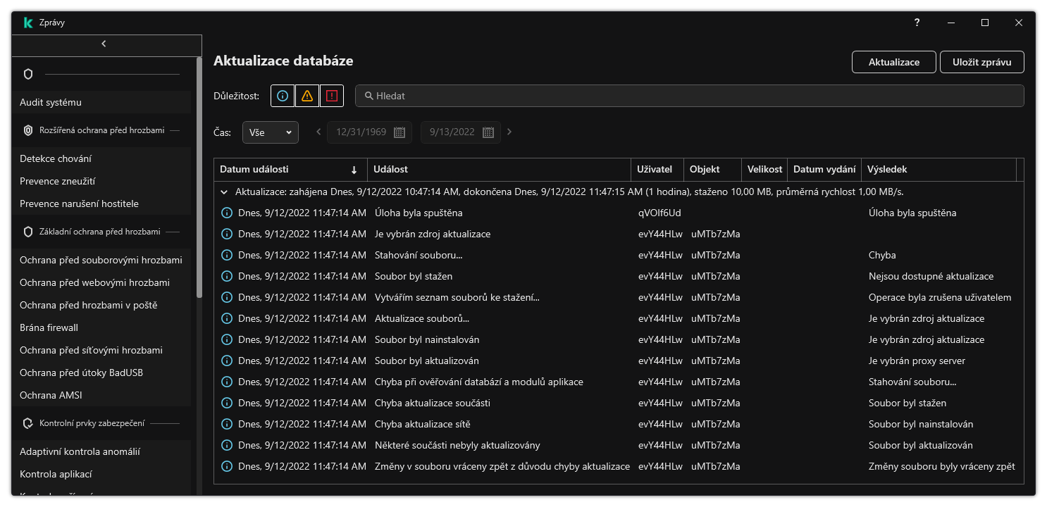 Okno se seznamem událostí ve zprávě. Uživatel může filtrovat/třídit události a ukládat zprávy do souboru.