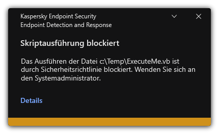 Benachrichtigung über eine blockierte Skript-Ausführung. Der Benutzer kann detaillierte Informationen über die Regel anzeigen.