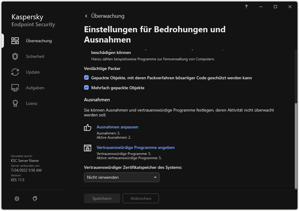Fenster mit Einstellungen für Ausnahmen. Der Benutzer kann Ausnahmen und vertrauenswürdige Apps hinzufügen.